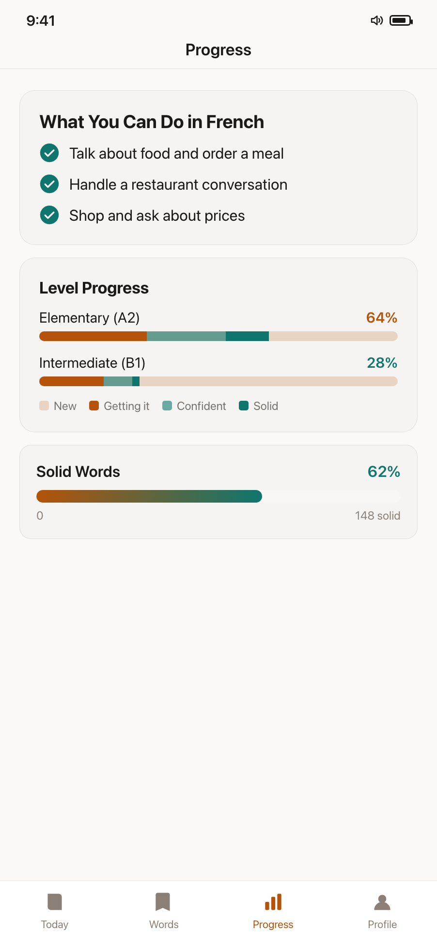 Progress: what you can do in French, per-level progress bars, and a Solid Words gauge