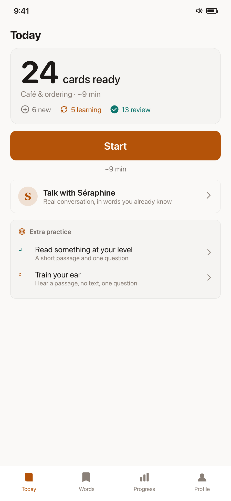 Tongueforge Today screen: 24 cards ready, a Start button, and Talk with Séraphine