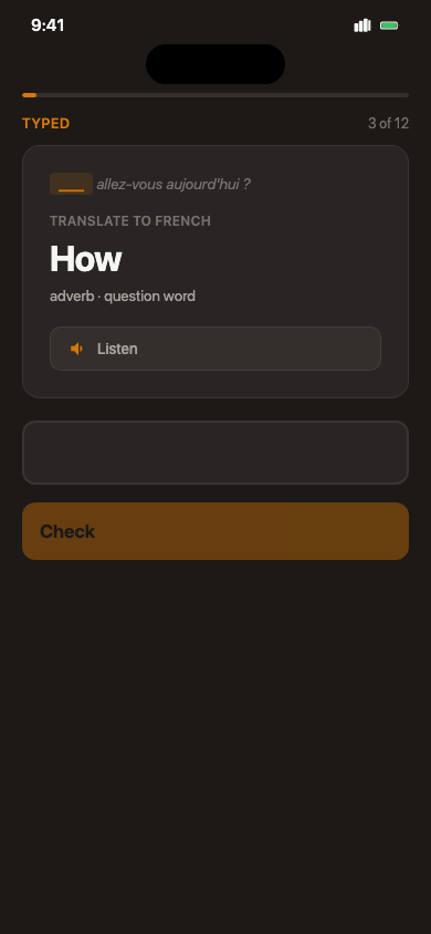 Tongueforge review session: typing an answer and getting instant feedback