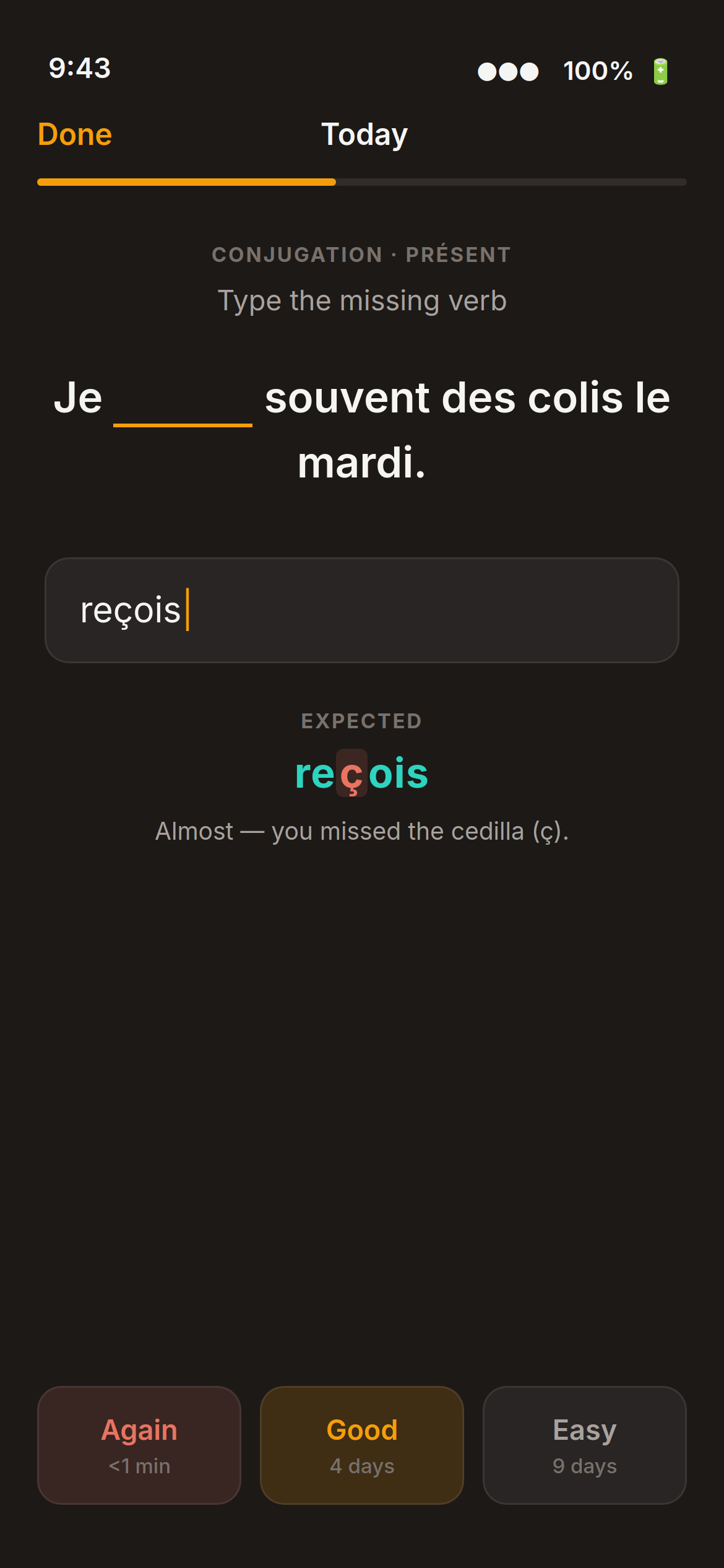 Typed recall review card with character-level correction